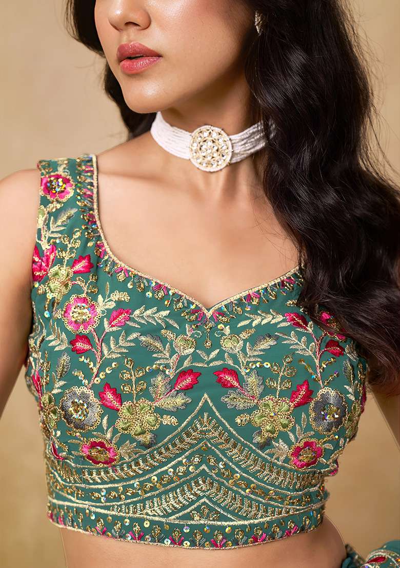 Turquoise Georgette Lehenga Set with Embroidery for Diwali | Wedding & Festive Wear - Indya