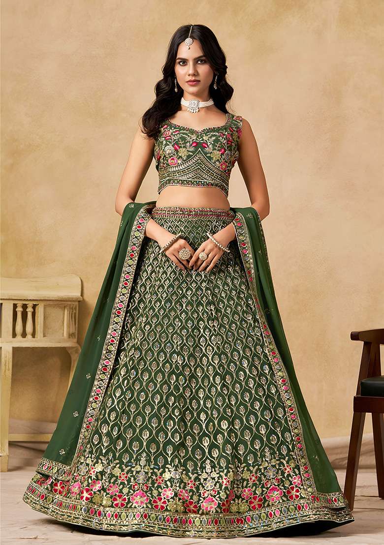 Green Embroidery Georgette Lehenga Set for Diwali and Festive Wear - Indya