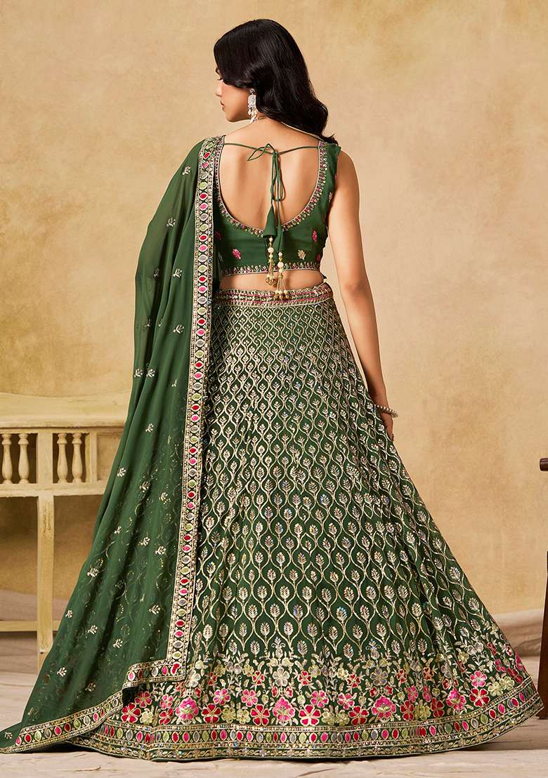 Green Embroidery Georgette Lehenga Set for Diwali and Festive Wear - Indya