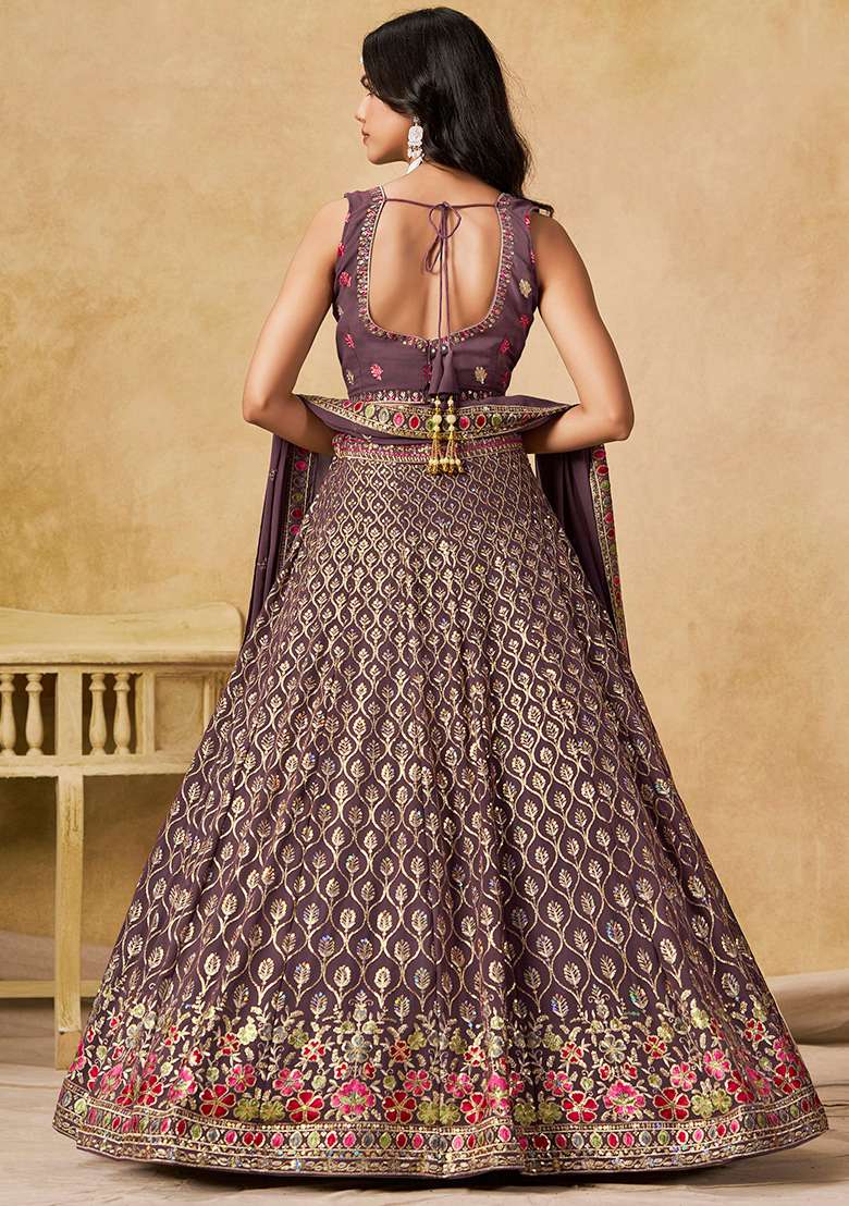 Light Purple Embroidery Georgette Lehenga Set for Diwali and Festive Wear - Indya