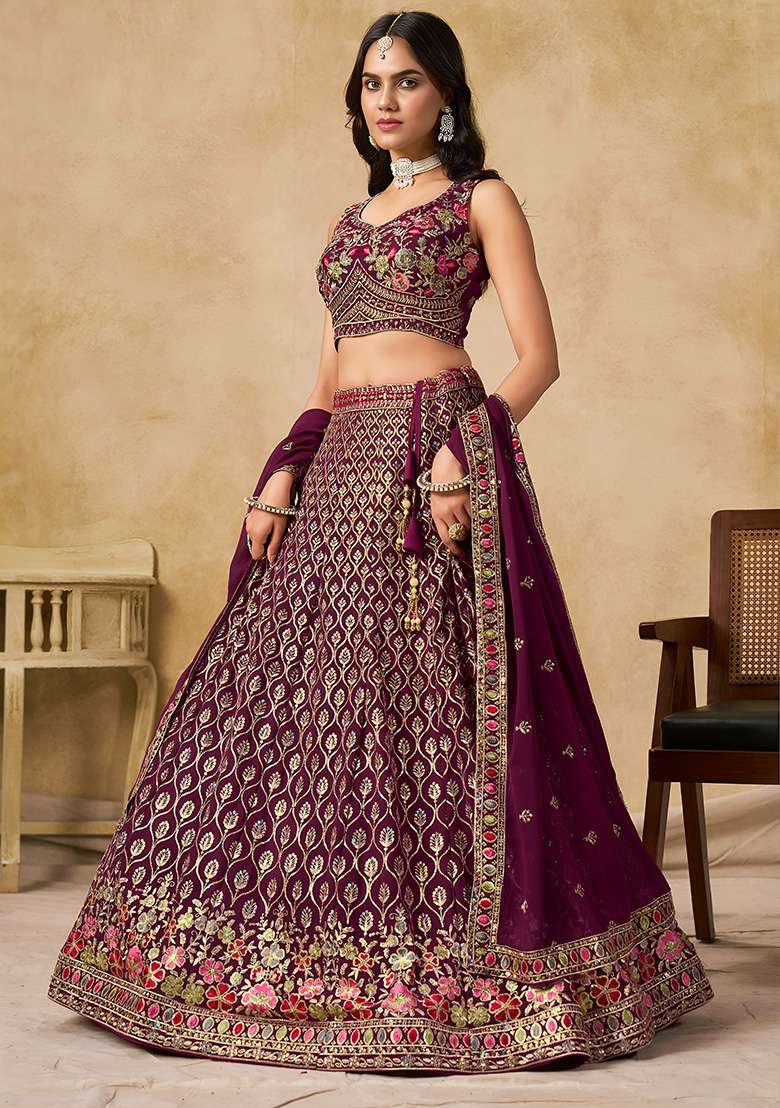 Wine Georgette Lehenga Set with Embroidery for Diwali | Wedding & Festive Wear - Indya