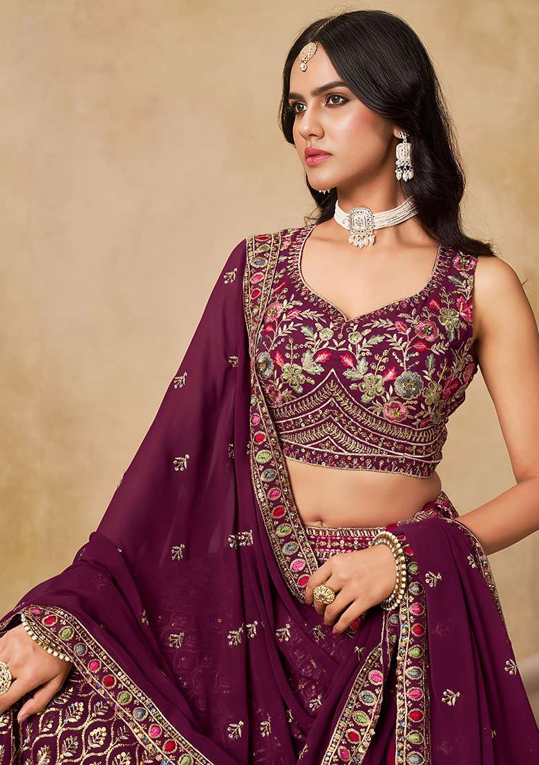 Wine Georgette Lehenga Set with Embroidery for Diwali | Wedding & Festive Wear - Indya