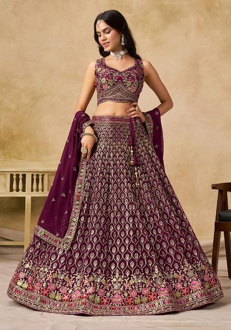 Wine Embroidery Georgette Lehenga Set