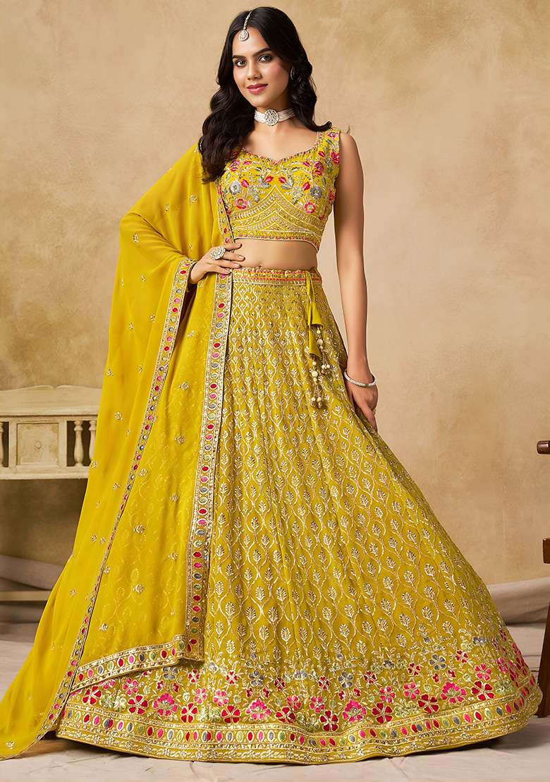 Yellow Embroidery Georgette Lehenga Set for Diwali and Festive Wear - Indya