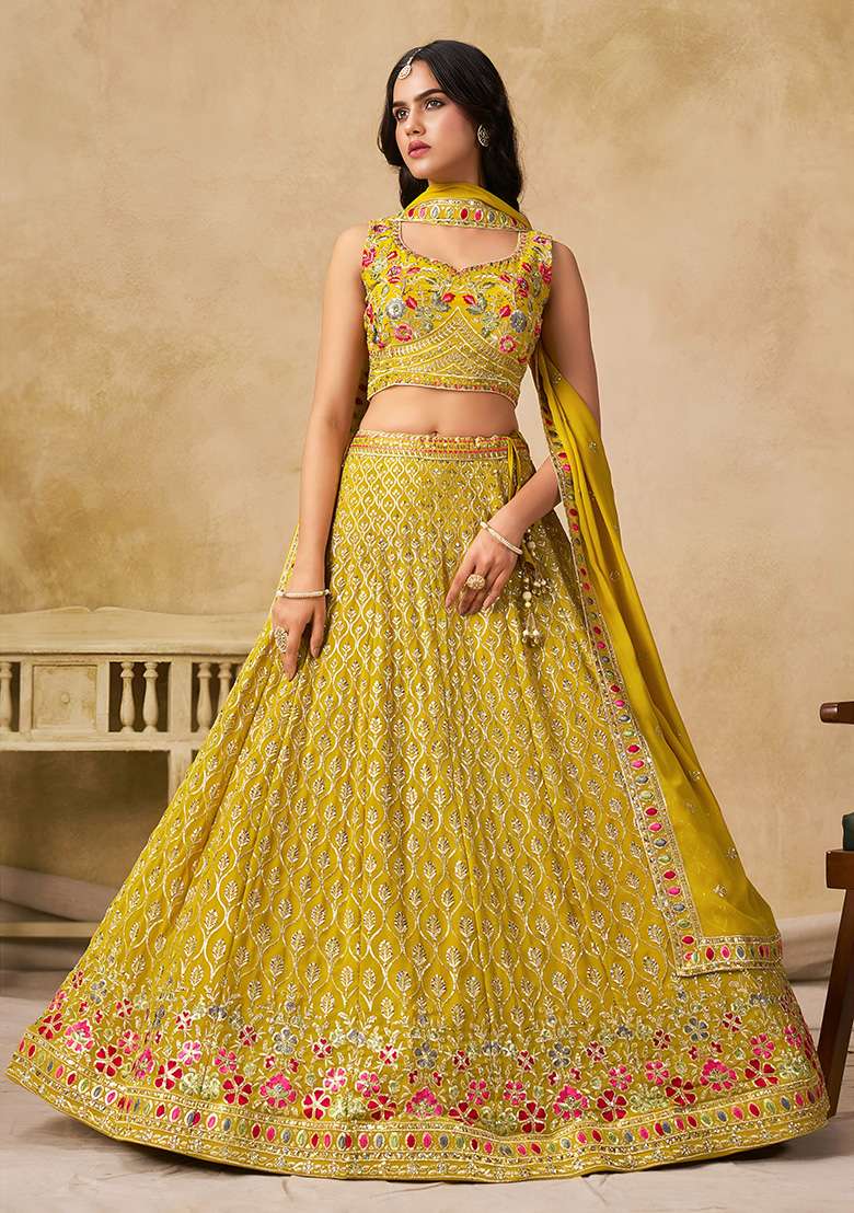 Yellow Embroidery Georgette Lehenga Set for Diwali and Festive Wear - Indya