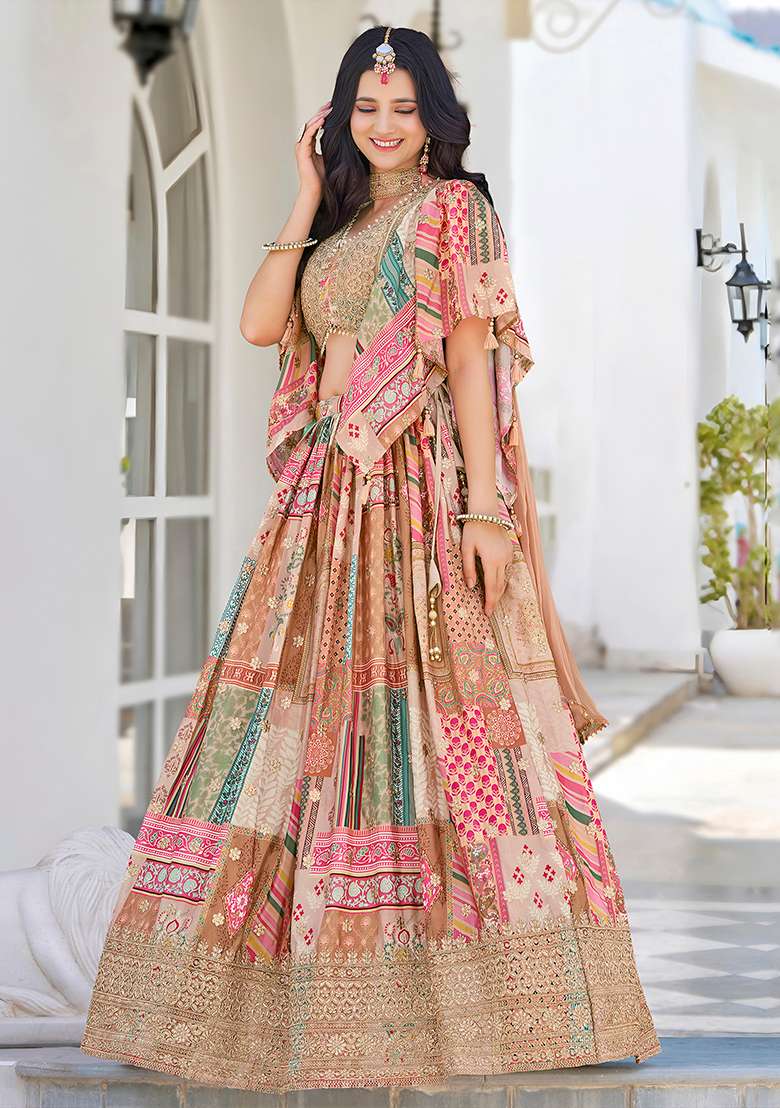 Beige Embroidery Georgette Lehenga Set for Diwali and Festive Wear - Indya