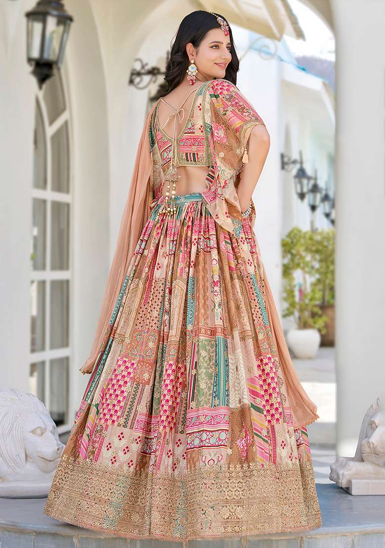 Beige Embroidery Georgette Lehenga Set for Diwali and Festive Wear - Indya