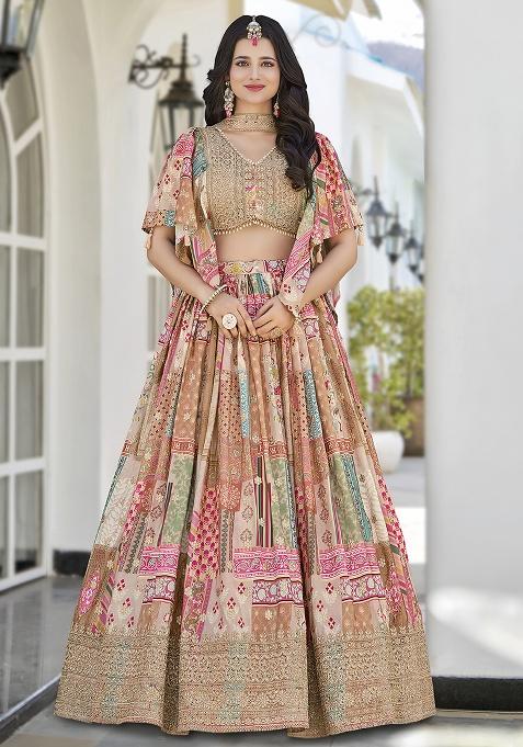 Beige Embroidery Georgette Lehenga Set