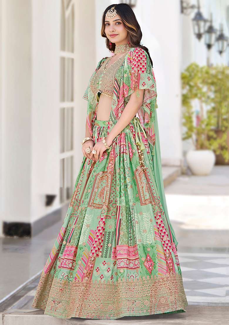 Green Embroidery Silk Blend Lehenga Set for Diwali and Festive Wear - Indya