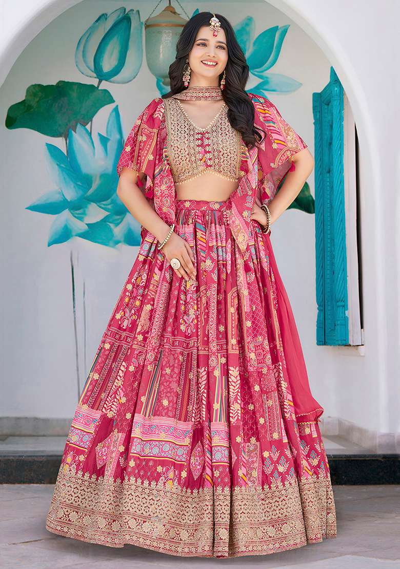 Pink Silk Blend Lehenga Set with Embroidery for Diwali | Wedding & Festive Wear - Indya