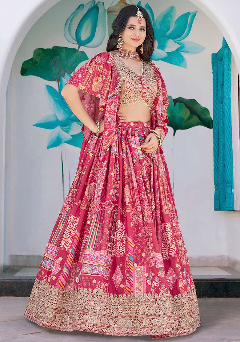 Pink Silk Blend Lehenga Set with Embroidery for Diwali | Wedding & Festive Wear - Indya