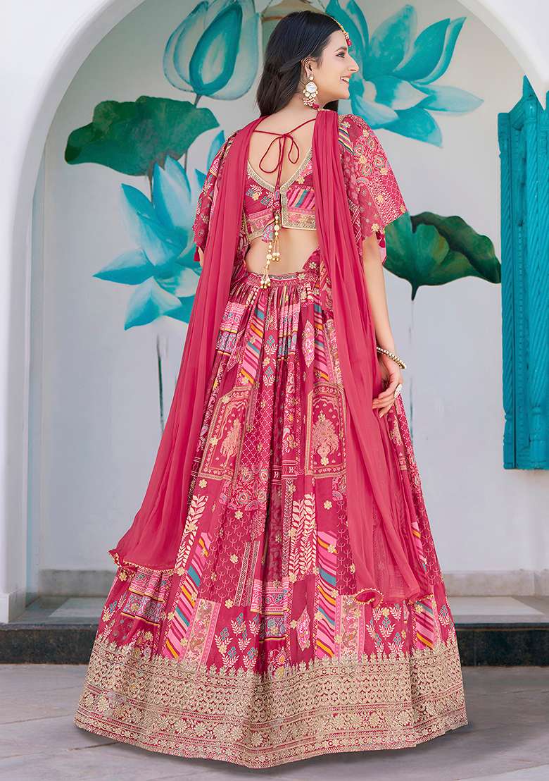 Pink Silk Blend Lehenga Set with Embroidery for Diwali | Wedding & Festive Wear - Indya