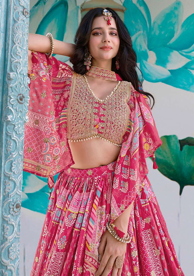 Pink Silk Blend Lehenga Set with Embroidery for Diwali | Wedding & Festive Wear - Indya