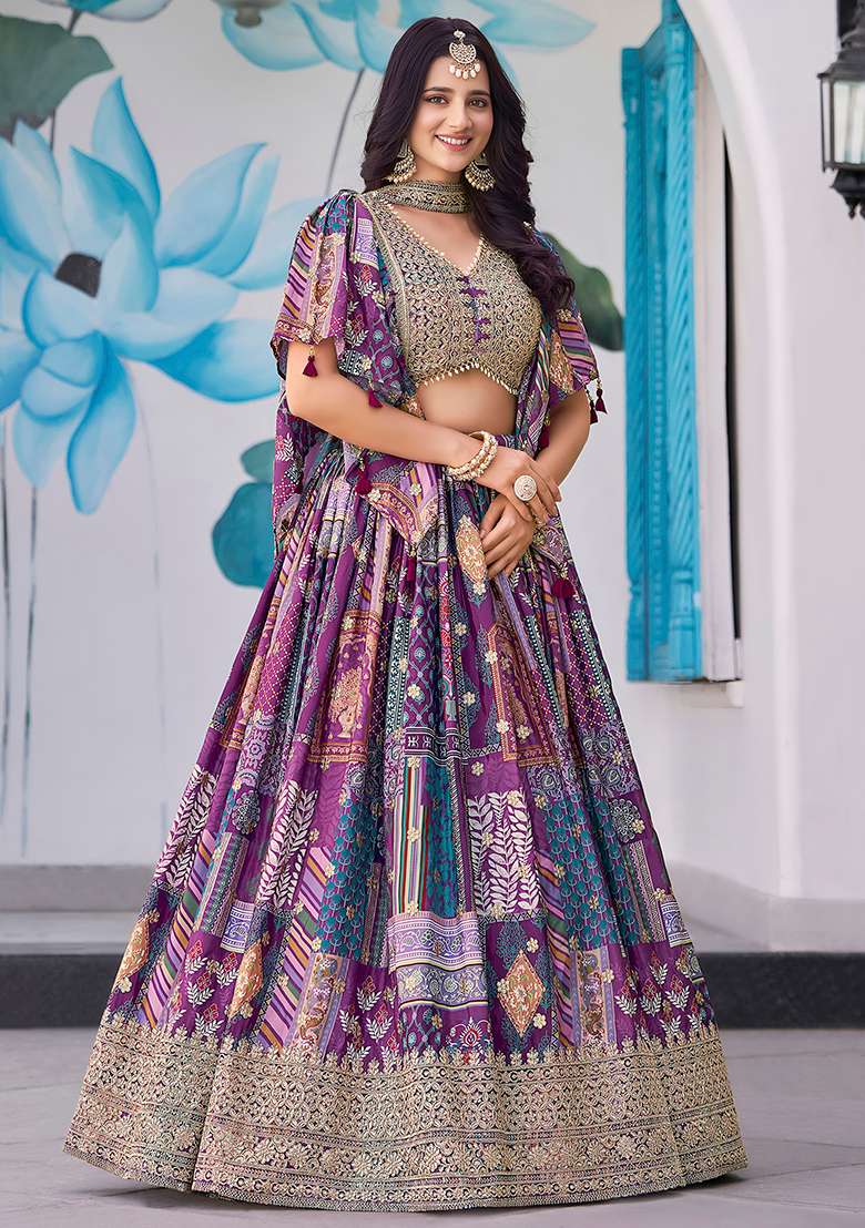 Purple Embroidery Silk Blend Lehenga Set for Diwali and Festive Wear - Indya