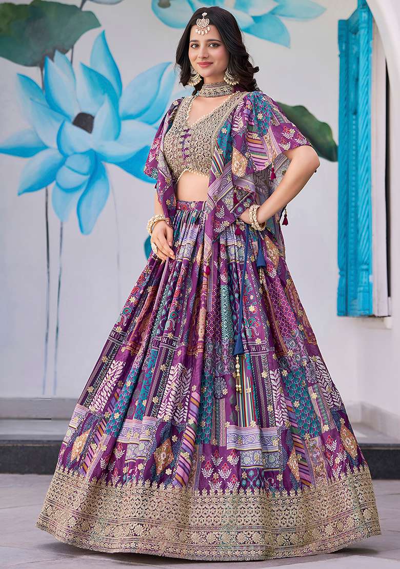 Purple Embroidery Silk Blend Lehenga Set for Diwali and Festive Wear - Indya