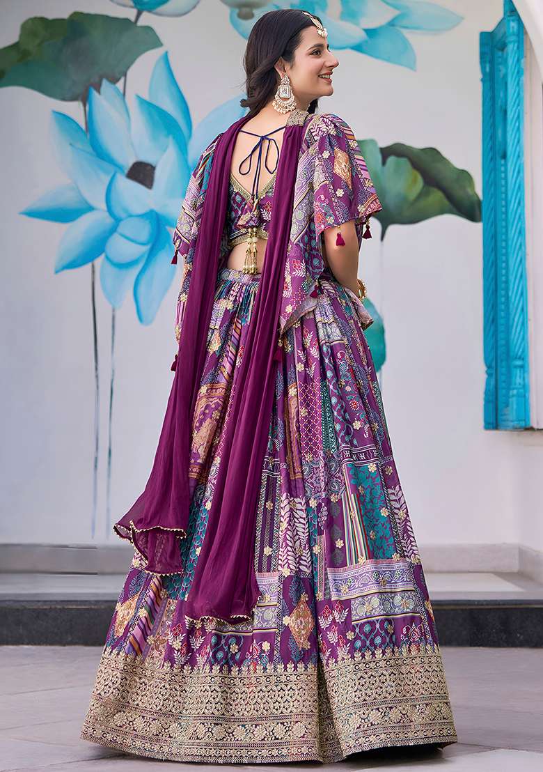 Purple Embroidery Silk Blend Lehenga Set for Diwali and Festive Wear - Indya
