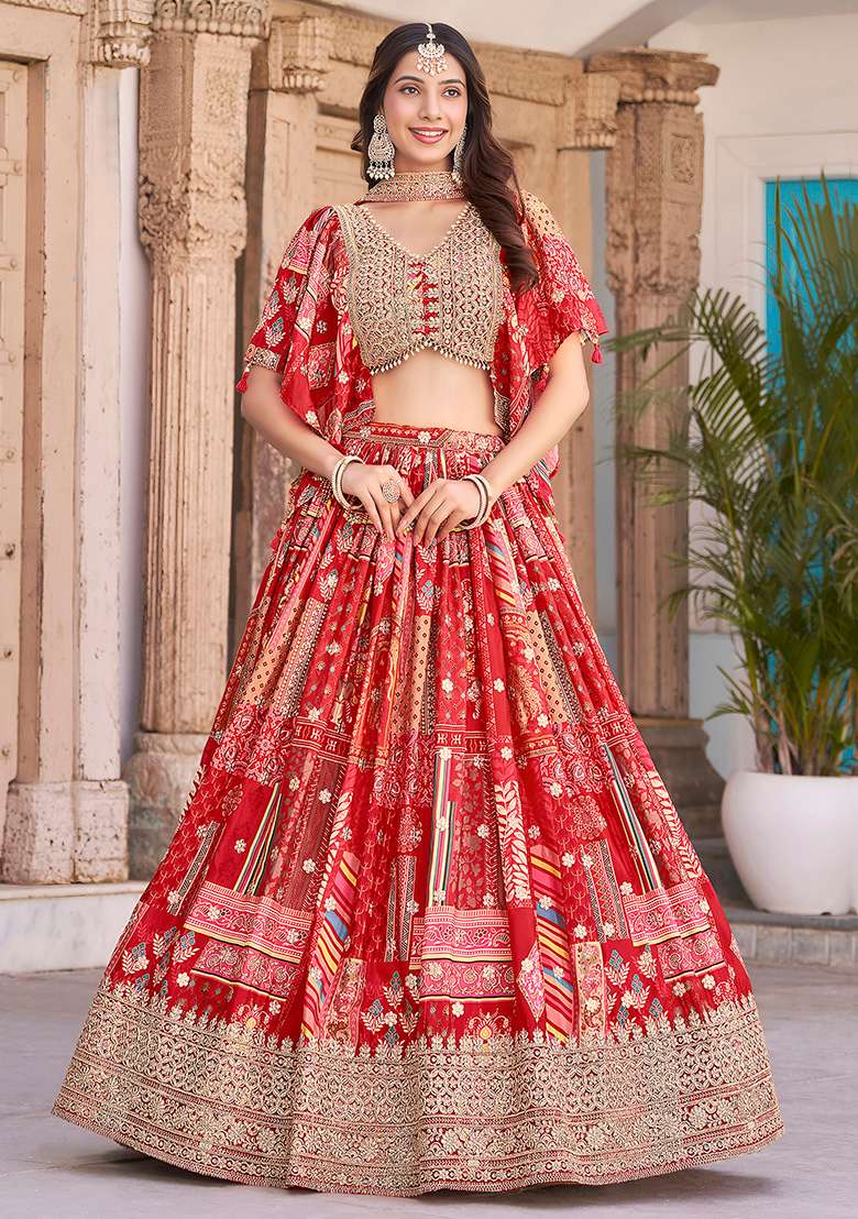 Red Silk Blend Lehenga Set with Embroidery for Diwali | Wedding & Festive Wear - Indya