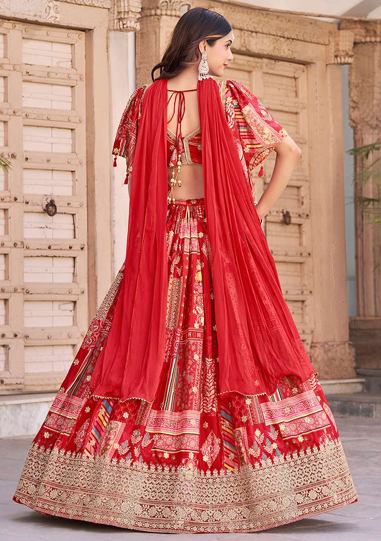 Red Silk Blend Lehenga Set with Embroidery for Diwali | Wedding & Festive Wear - Indya