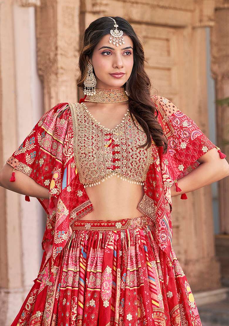 Red Silk Blend Lehenga Set with Embroidery for Diwali | Wedding & Festive Wear - Indya