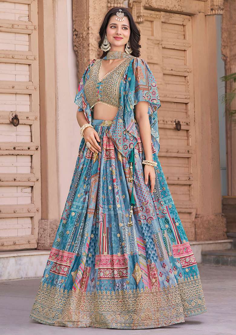 Sky Blue Silk Blend Lehenga Set with Embroidery for Diwali | Wedding & Festive Wear - Indya