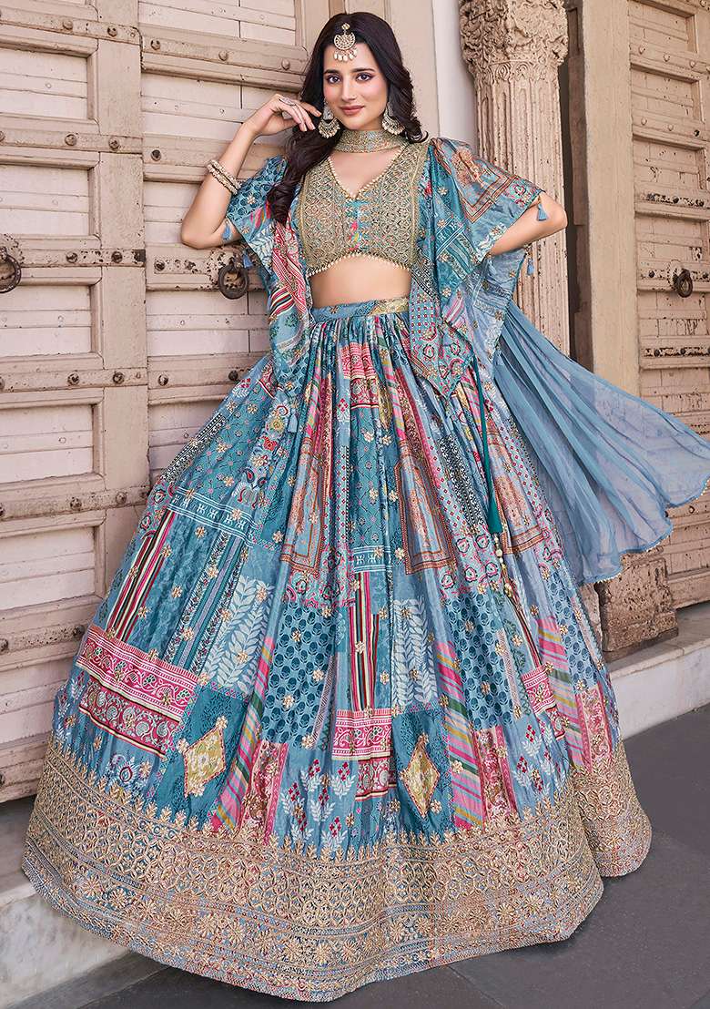 Sky Blue Silk Blend Lehenga Set with Embroidery for Diwali | Wedding & Festive Wear - Indya