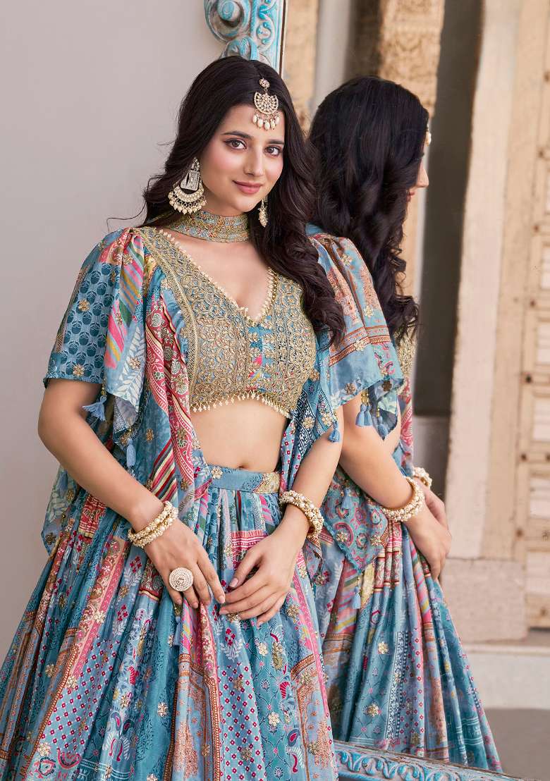 Sky Blue Silk Blend Lehenga Set with Embroidery for Diwali | Wedding & Festive Wear - Indya