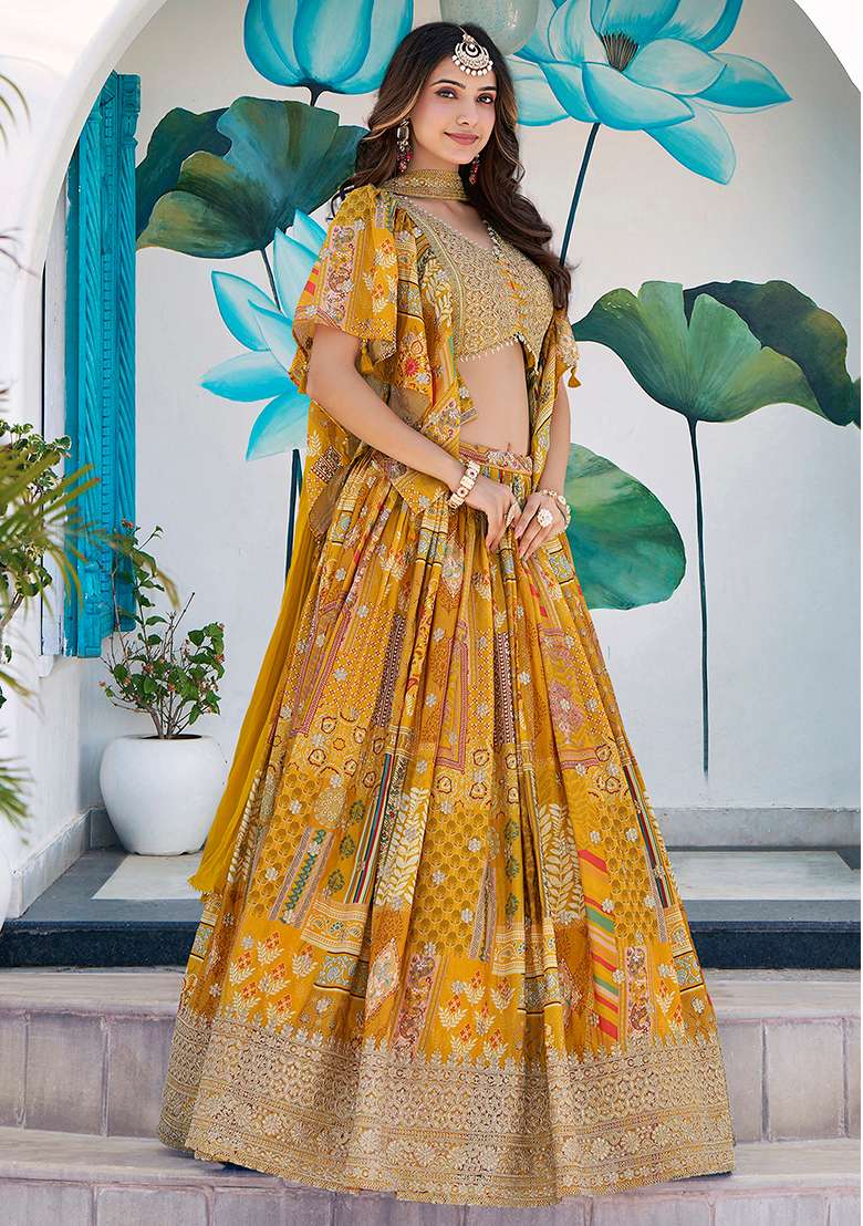 Yellow Embroidery Silk Blend Lehenga Set for Diwali and Festive Wear - Indya
