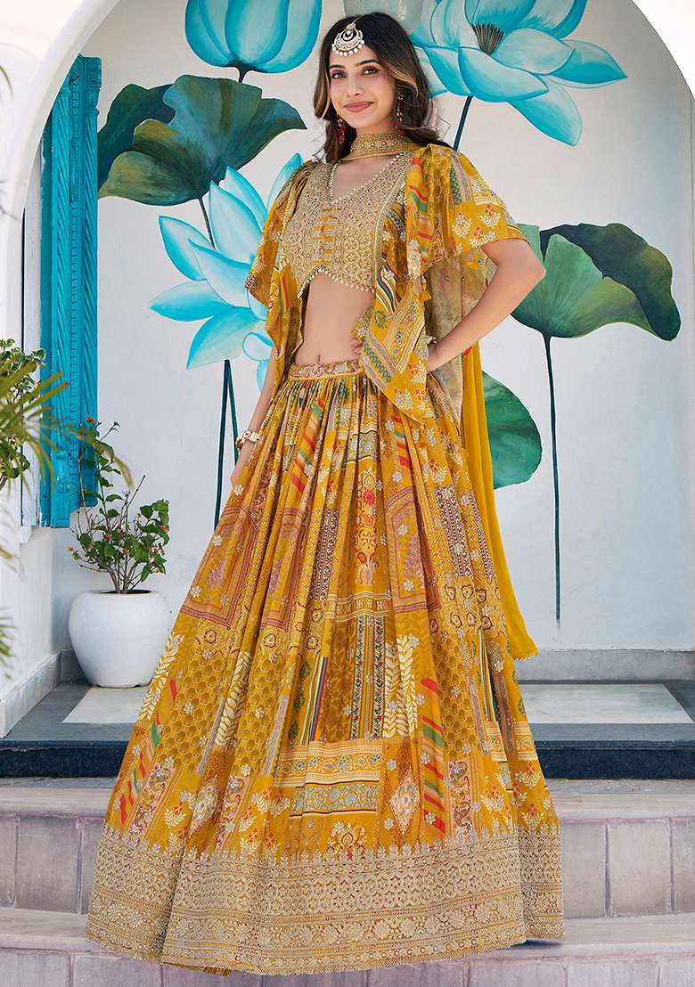 Yellow Embroidery Silk Blend Lehenga Set for Diwali and Festive Wear - Indya