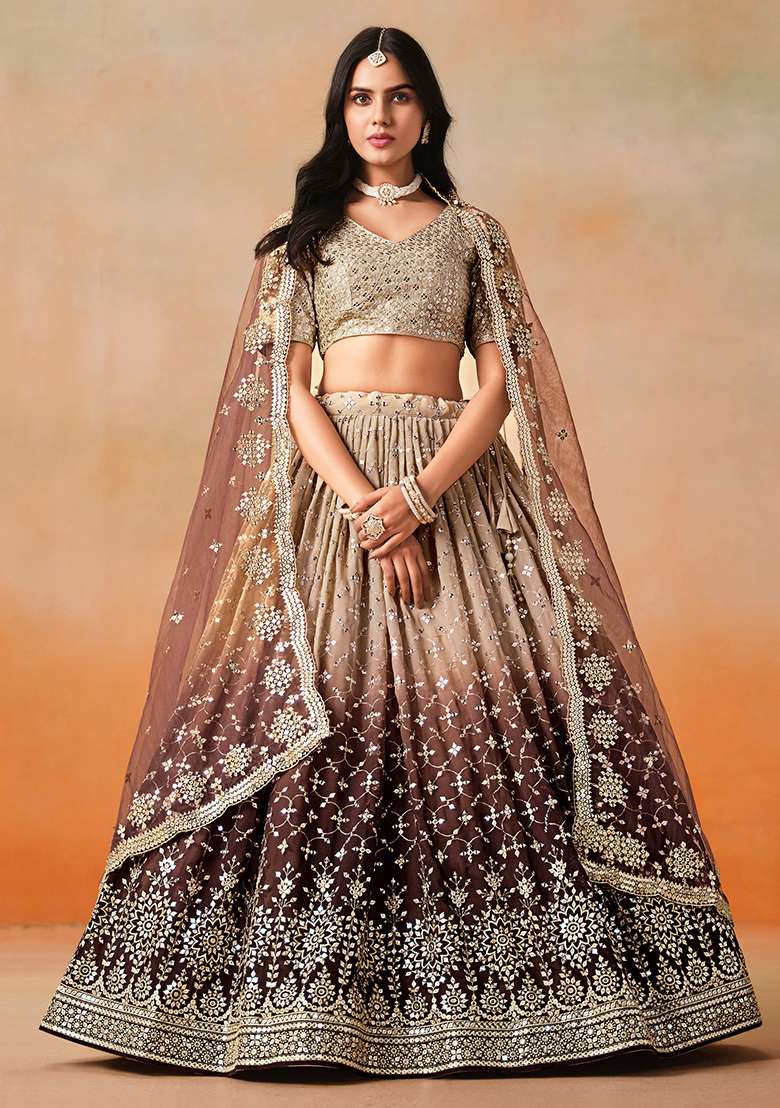 Brown Embroidery Georgette Lehenga Set for Diwali and Festive Wear - Indya