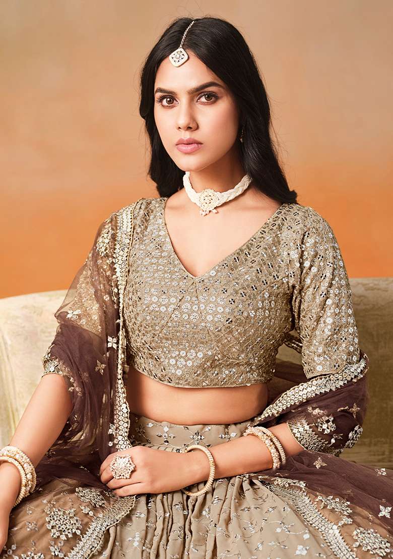 Brown Embroidery Georgette Lehenga Set for Diwali and Festive Wear - Indya