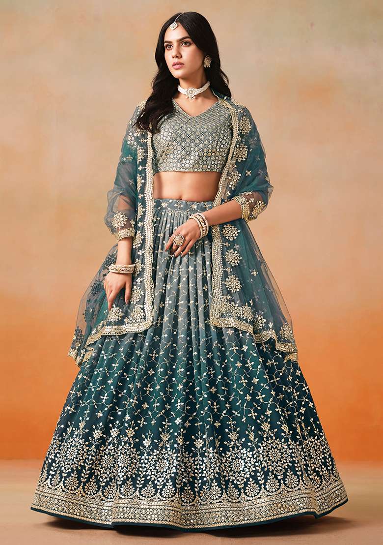 Dove Blue Georgette Lehenga Set with Embroidery for Diwali | Wedding & Festive Wear - Indya