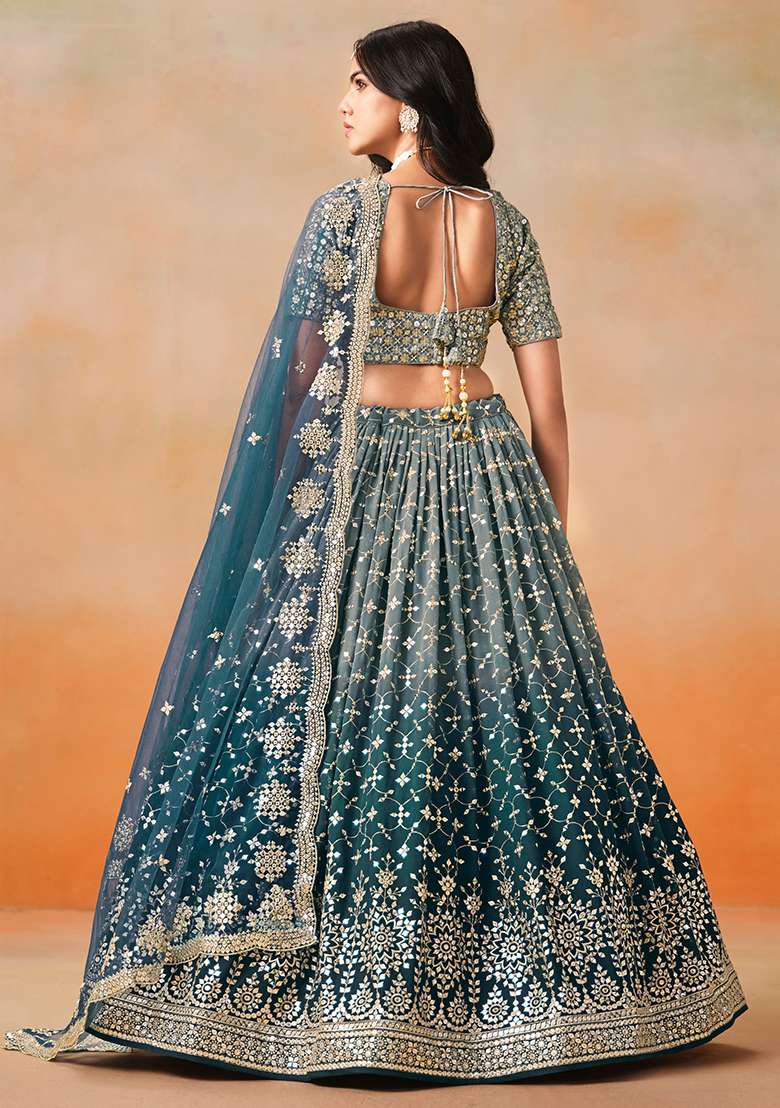 Dove Blue Georgette Lehenga Set with Embroidery for Diwali | Wedding & Festive Wear - Indya