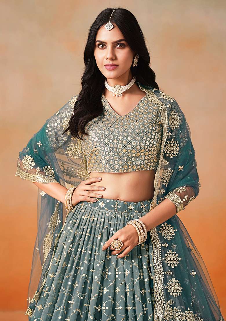Dove Blue Georgette Lehenga Set with Embroidery for Diwali | Wedding & Festive Wear - Indya