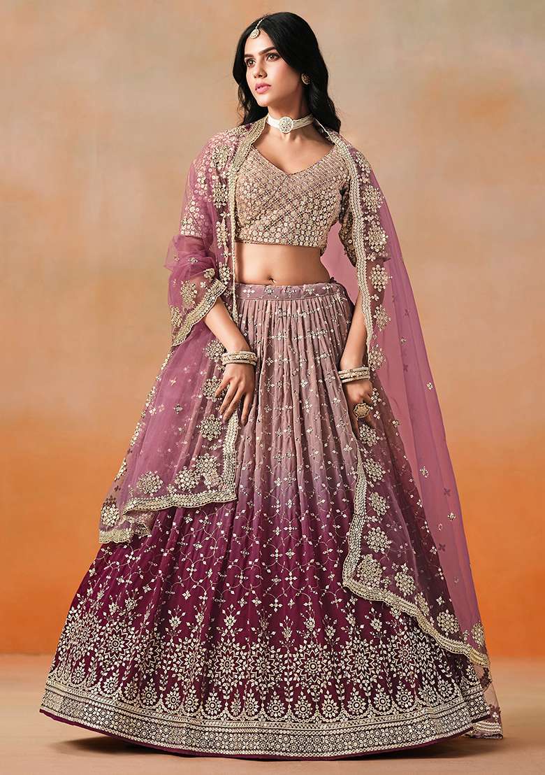 Maroon Georgette Lehenga Set with Embroidery for Diwali | Wedding & Festive Wear - Indya