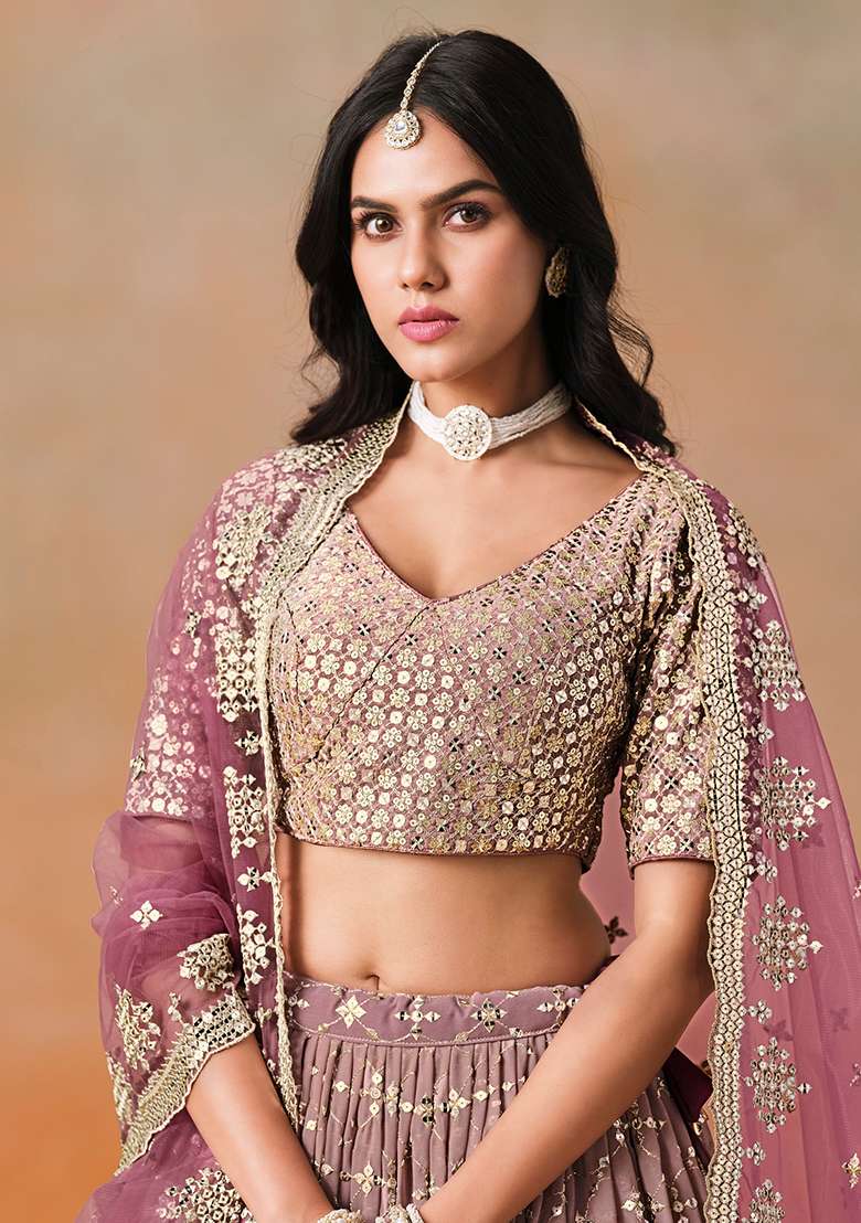 Maroon Georgette Lehenga Set with Embroidery for Diwali | Wedding & Festive Wear - Indya