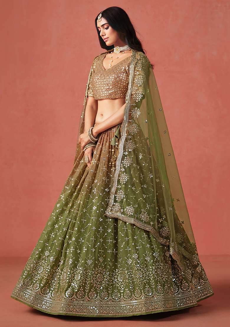 Mehendi Embroidery Georgette Lehenga Set for Diwali and Festive Wear - Indya