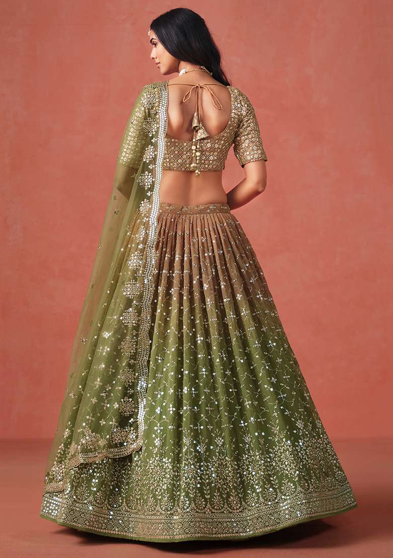 Mehendi Embroidery Georgette Lehenga Set for Diwali and Festive Wear - Indya