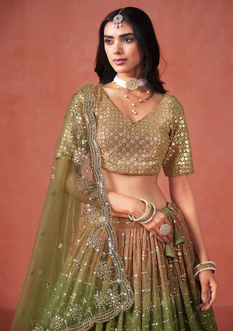 Mehendi Embroidery Georgette Lehenga Set for Diwali and Festive Wear - Indya