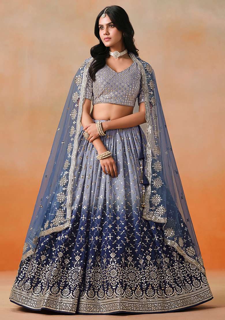 Navy Blue Georgette Lehenga Set with Embroidery for Diwali | Wedding & Festive Wear - Indya