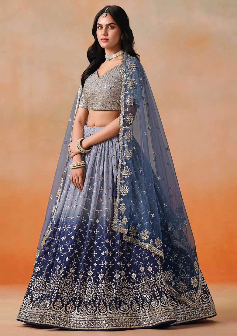 Navy Blue Georgette Lehenga Set with Embroidery for Diwali | Wedding & Festive Wear - Indya