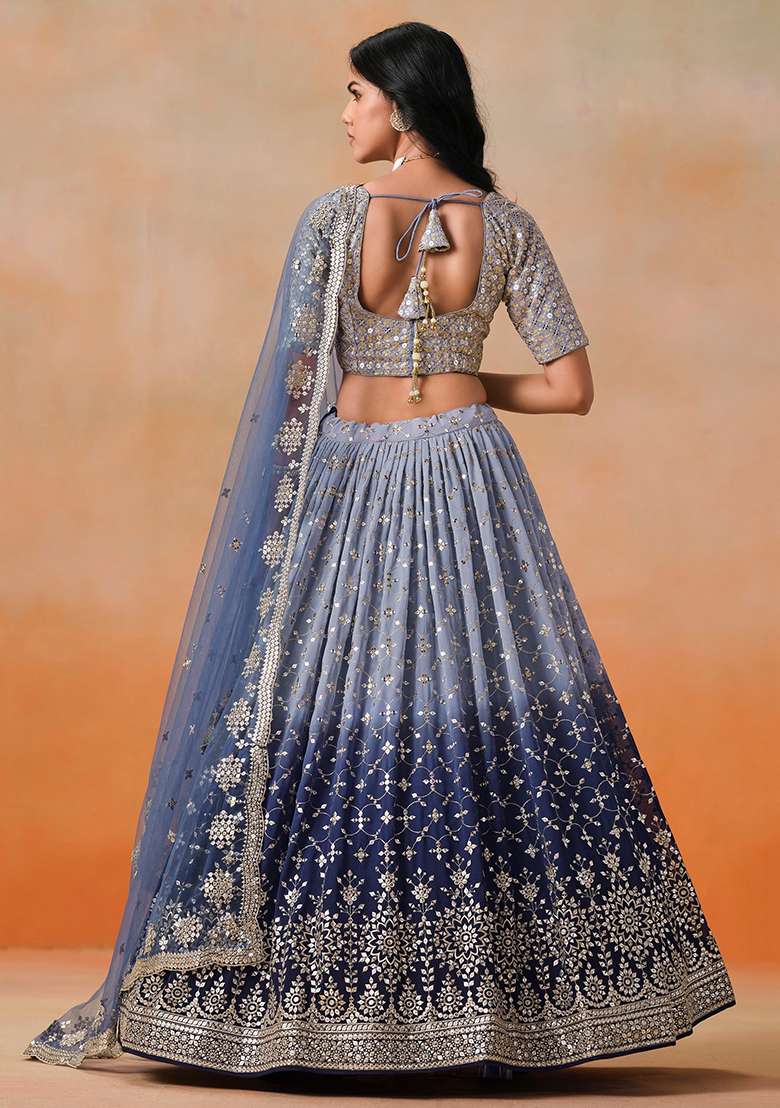 Navy Blue Georgette Lehenga Set with Embroidery for Diwali | Wedding & Festive Wear - Indya
