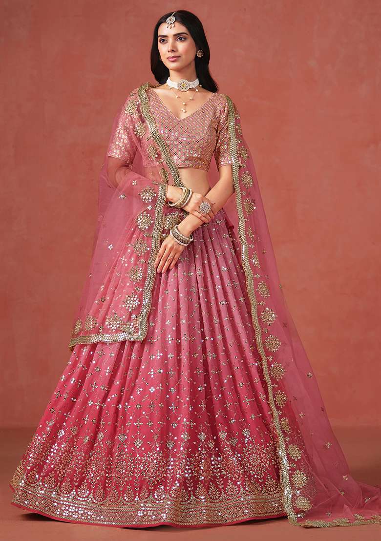 Peach Embroidery Georgette Lehenga Set for Diwali and Festive Wear - Indya