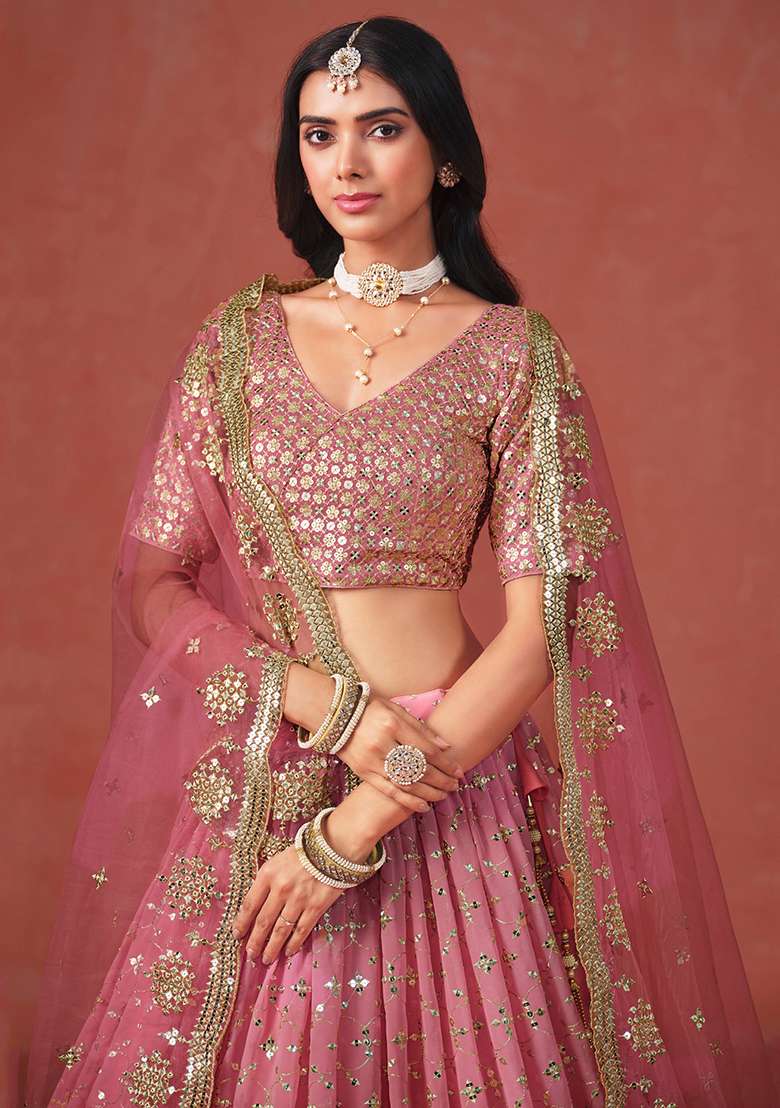 Peach Embroidery Georgette Lehenga Set for Diwali and Festive Wear - Indya