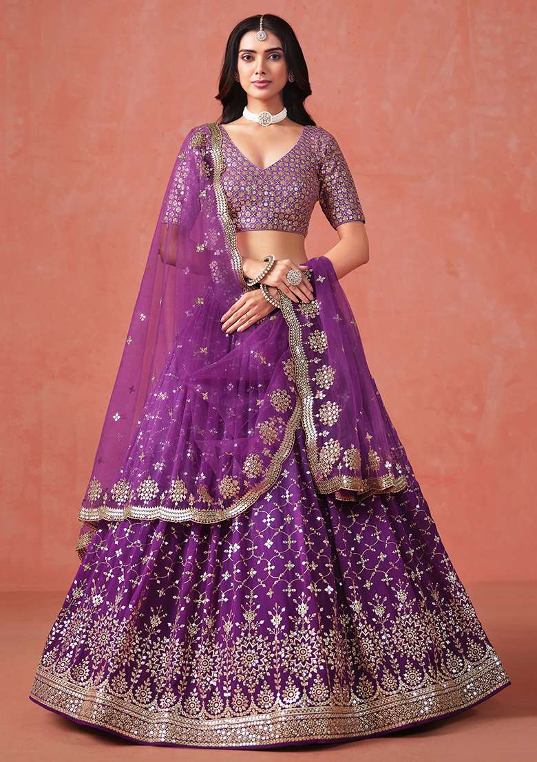 Purple Embroidery Georgette Lehenga Set for Diwali and Festive Wear - Indya