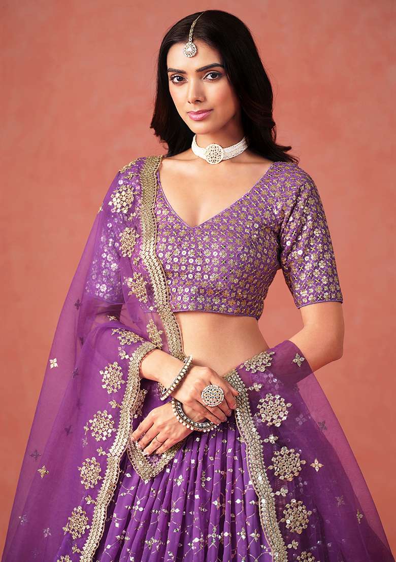 Purple Embroidery Georgette Lehenga Set for Diwali and Festive Wear - Indya