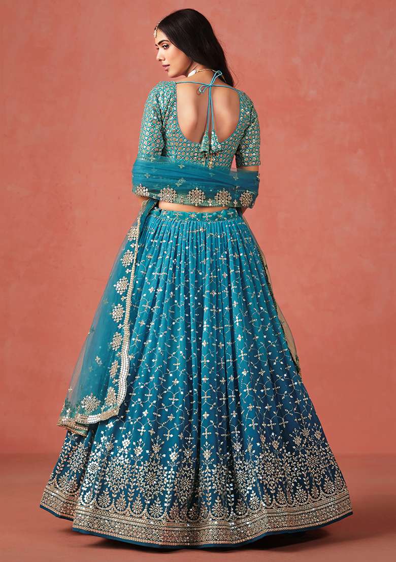 Rama Blue Georgette Lehenga Set with Embroidery for Diwali | Wedding & Festive Wear - Indya