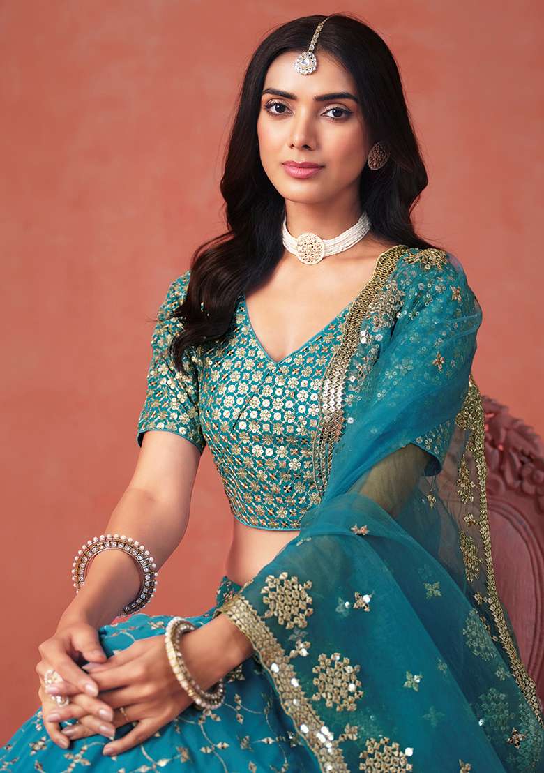 Rama Blue Georgette Lehenga Set with Embroidery for Diwali | Wedding & Festive Wear - Indya