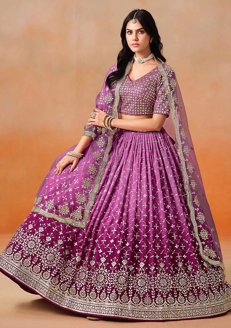 Rani Pink Embroidery Georgette Lehenga Set for Diwali and Festive Wear - Indya