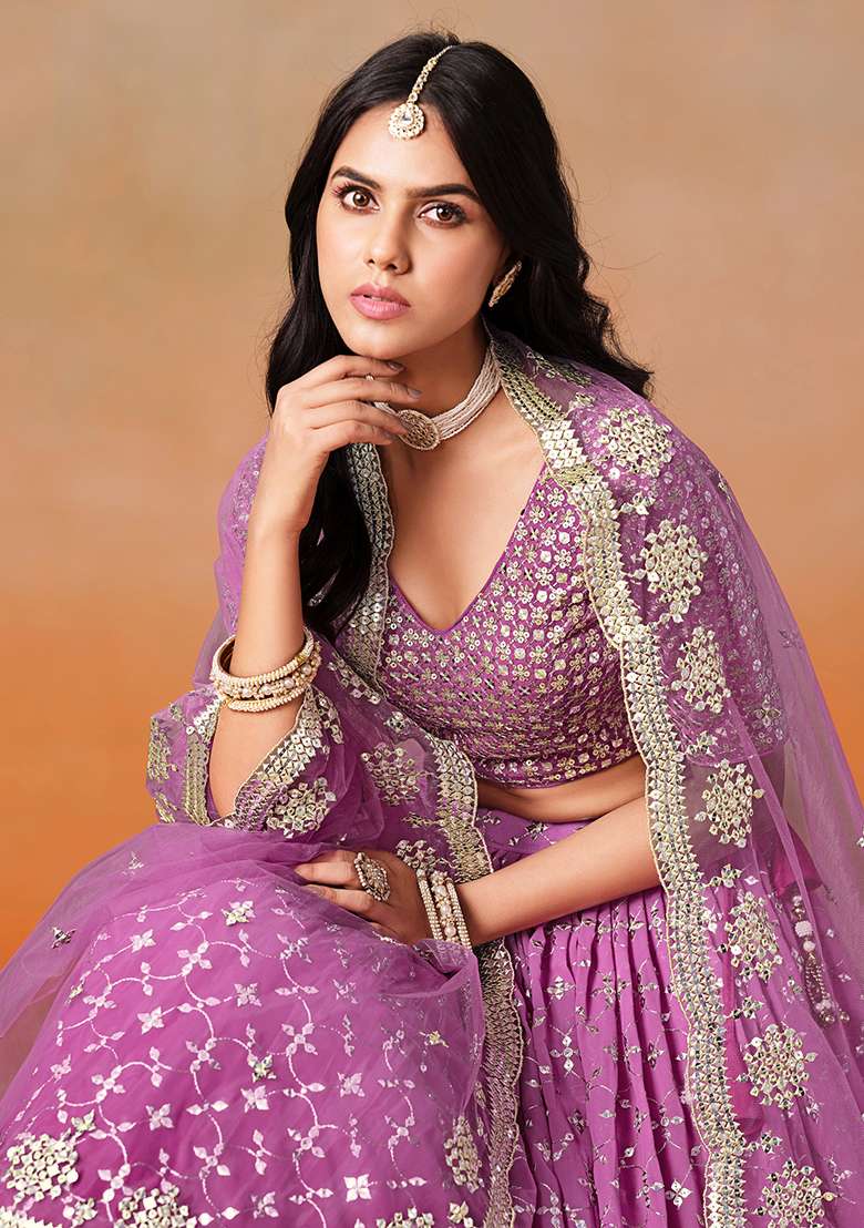 Rani Pink Embroidery Georgette Lehenga Set for Diwali and Festive Wear - Indya
