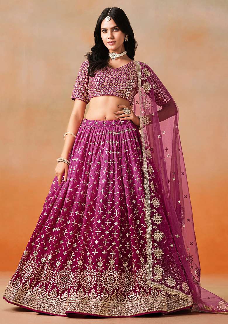 Red Pink Georgette Lehenga Set with Embroidery for Diwali | Wedding & Festive Wear - Indya